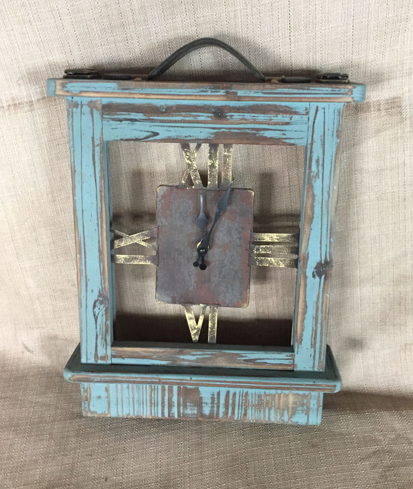 Industrial style blue shabby clock with leather handle